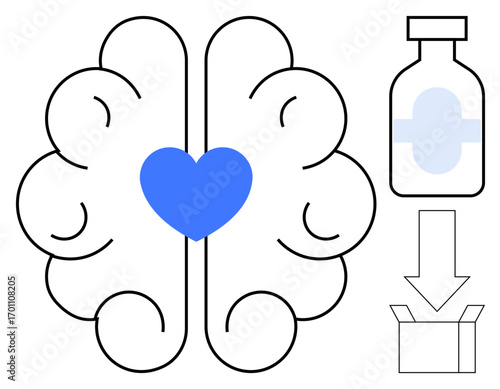 Heart nestled within brain, medicine bottle, down arrow, open box. Ideal for mental health, self-care, therapy, treatment emotional well-being solutions connection. Simple flat metaphor