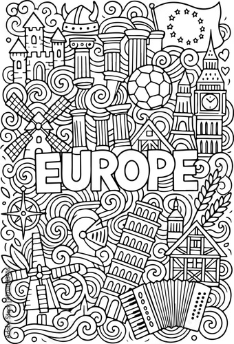 hand drawn vector illustration of europe doodle art coloring page for kids line art
