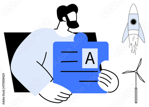 Male figure holding a puzzle piece with A, representing knowledge or solutions. Accompanied by a rocket symbolizing innovation and wind turbine for sustainability. Ideal for teamwork, learning