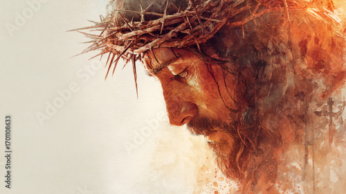 Watercolor Depiction of Jesus Christ with Crown of Thorns and Compassionate Sorrow, with Crucifixion Silhouette