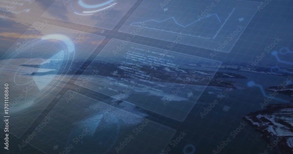 Fototapeta premium Displaying holographic panels hovering over sea at sunset, with data charts and code snippet window