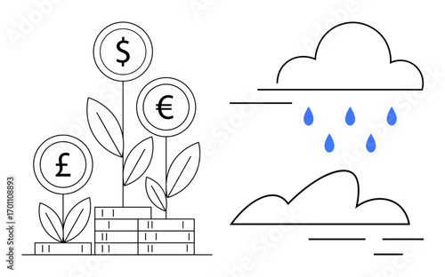 Plants growing from stacked coins with currency signs , , symbolizing financial growth. Rain from clouds highlights nurturing resources. Ideal for finance, investment, savings, sustainability