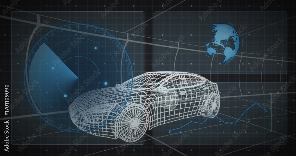 Obraz premium Floating wireframe car model over gray grid workspace, with radar HUD, globe and line-chart panel
