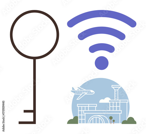 Vintage key alongside wireless symbol and airport, symbolizing modern connectivity, security, travel. Ideal for technology, transport, tourism, innovation, security global access airport