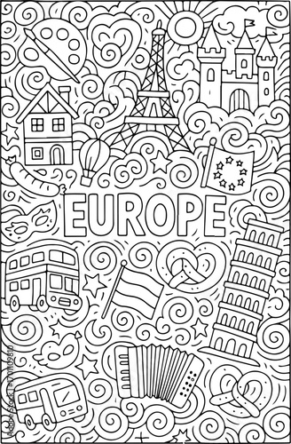 hand drawn vector illustration of europe doodle art coloring page for kids line art