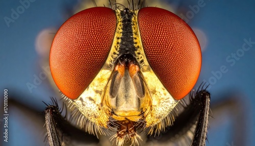 Macro shot of a Flys Eye with Red Eyes with Insects Background.