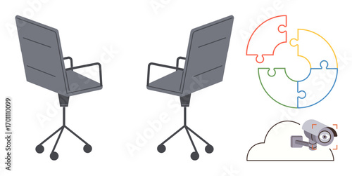 Office chairs on casters, multicolor puzzle segment diagram, and cloud-linked surveillance camera. Ideal for teamwork, brainstorming, collaboration, technology integration, problem-solving