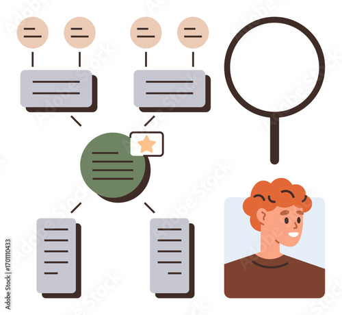 Diagram with user data flow, hierarchical structure, profile image, and magnifier. Ideal for user research, recruitment, data flow, process mapping, hierarchy user experience simple flat metaphor