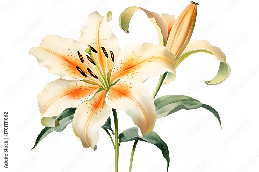 Fototapeta premium a minimal and simple color beautiful fresh lily flower with bud vector art illustration, solid white background (18)