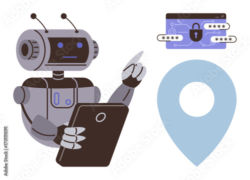 Robot interacting with a tablet, password-protected system with lock icon, location pin. Ideal for cybersecurity, robotics, AI, smart technology, automation navigation privacy. Modern flat design