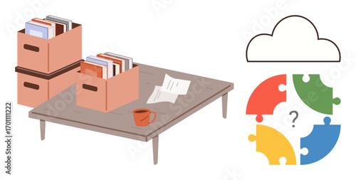 Files in boxes on a desk with scattered papers and coffee cup next to cloud graphic and puzzle pieces. Ideal for data management, teamwork, digital storage, problem-solving, organization, workflow