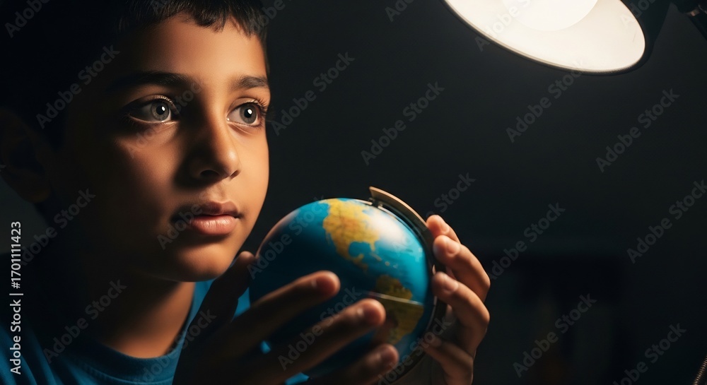 Naklejka premium Intrigued child exploring the world, holding a globe under a lamp. Ideal for geography education, climate change awareness, or promoting global unity. Dreams, future, learning.