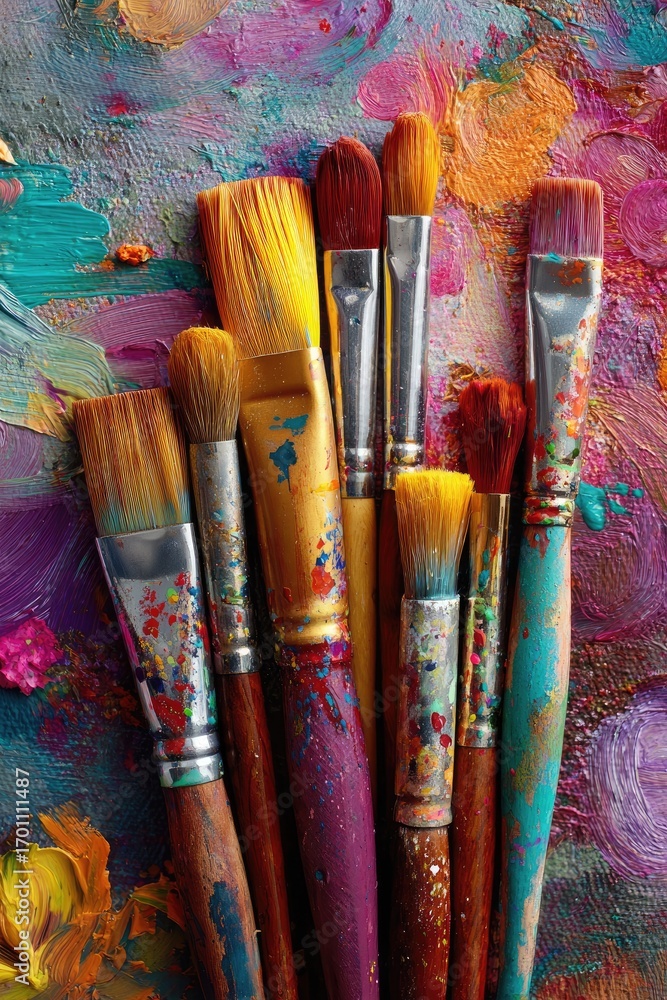 Fototapeta premium Paintbrushes clustered on a vibrant palette