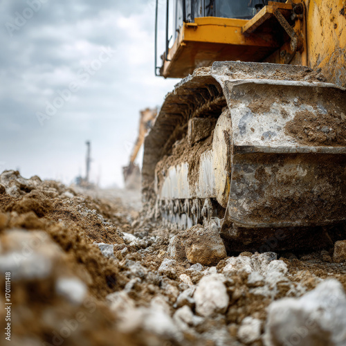 Close-up view of a construction vehicle's tracks on a muddy construction site, with machinery in the background working on earth-moving tasks under a cloudy sky