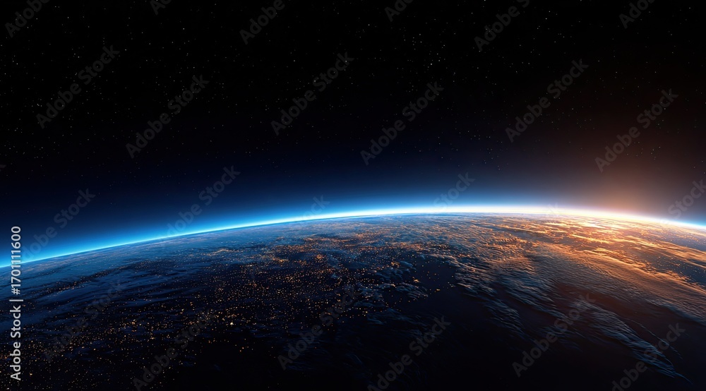 Obraz premium Earth's horizon bathed in sunrise. Vast expanse of space surrounds a detailed view of the planet's surface with lights of cities visible. Sunrise glows along the edge of the atmosphere