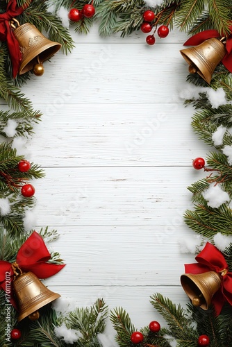 Festive christmas border with bells red ribbons and pine branches on wooden background