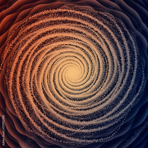 A mesmerizing spiral swirl resembling a cosmic galaxy or vortex. Soft, concentric layers radiate outward in a gradient transitioning from warm orange abstract vector background art