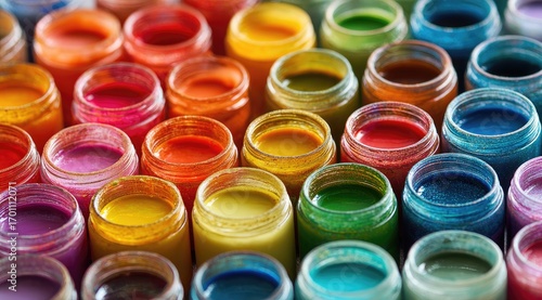 Colorful paint pots arranged in a grid pattern