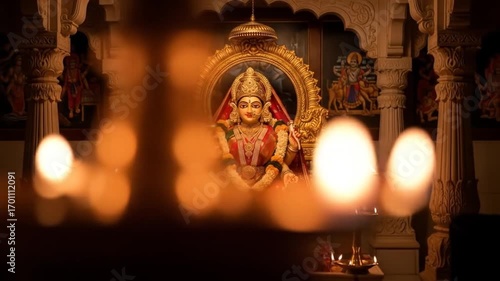 Serene divinity: Goddess Laxmi idol illuminated by traditional oil lamps flickering gracefully