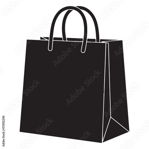 A simple black paper shopping bag with handles standing upright