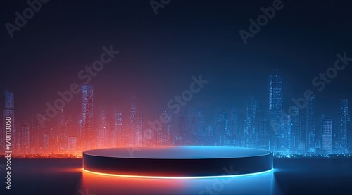 Circular podium, neon lights, city skyline