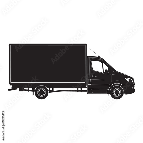 Silhouette of a black box truck with a solid cargo area and detailed cab