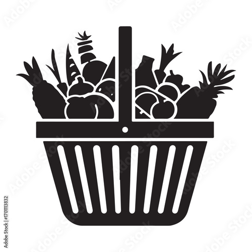 Silhouette of a full grocery basket overflowing with fresh fruits and vegetables