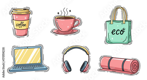 Set of cute handdrawn lifestyle icons coffee laptop headphones eco bag and yoga mat