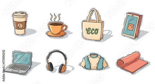 Handdrawn cartoon everyday objects collection tech lifestyle ecofriendly items