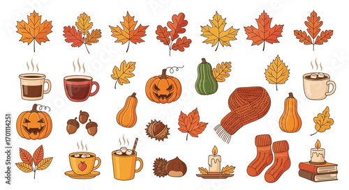Autumnal Icons Cozy Drinks Leaves Pumpkins and Accessories