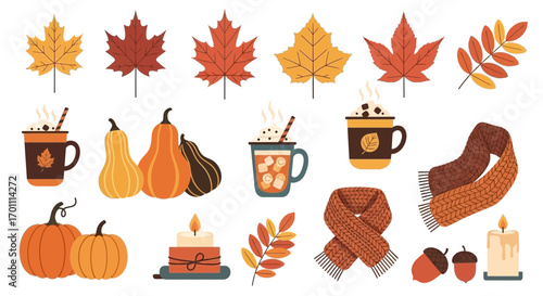 Cozy autumn elements set with warm scarves hot cocoa pumpkins candles and colorful fall leaves