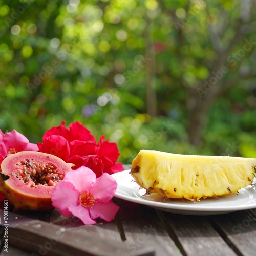 Tropical fruit and flowers on a wooden table