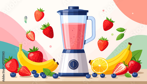 Vibrant illustration of a blender preparing a refreshing strawberry and banana smoothie, surrounded by fresh, colorful fruits ready for a healthy drink
