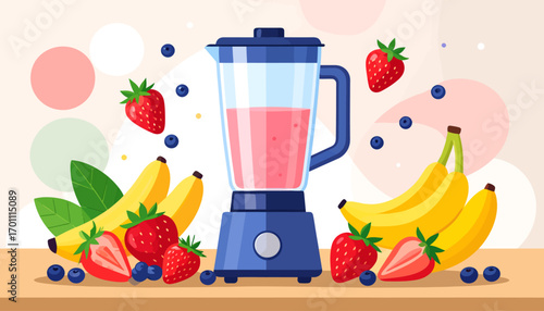 Healthy Smoothie Preparation A Colorful Illustration of a Blender Surrounded by Fresh Fruits