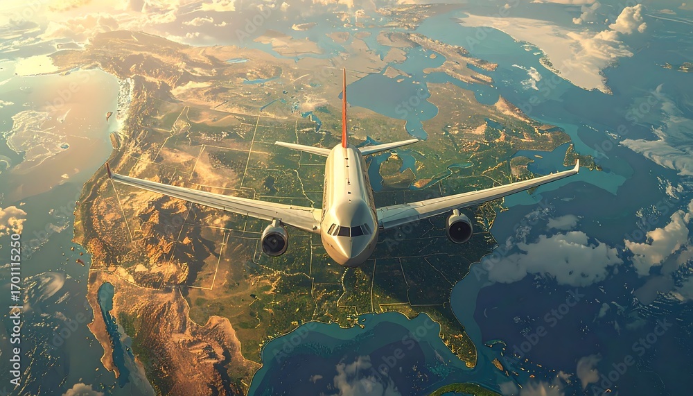 Naklejka premium A passenger jet soars above a detailed map of North America, showcasing a geographical panorama from a high altitude.