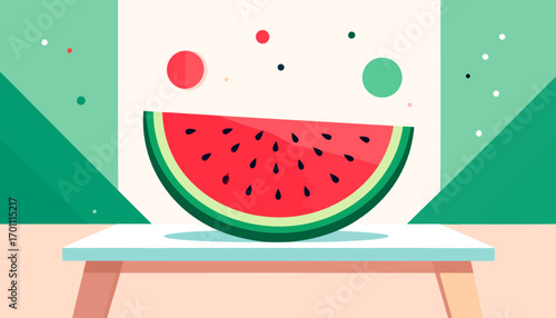 A vibrant, stylized slice of juicy watermelon resting on a table, set against a backdrop of abstract green hills and floating orbs, evoking a sense of summer refreshment and healthy eating