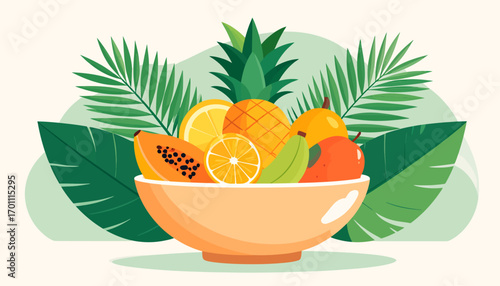 Exotic Fresh Fruits in a Bowl with Tropical Leaves Illustration