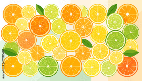 Vibrant background of assorted sliced citrus fruits, including oranges, lemons, and limes with green leaves