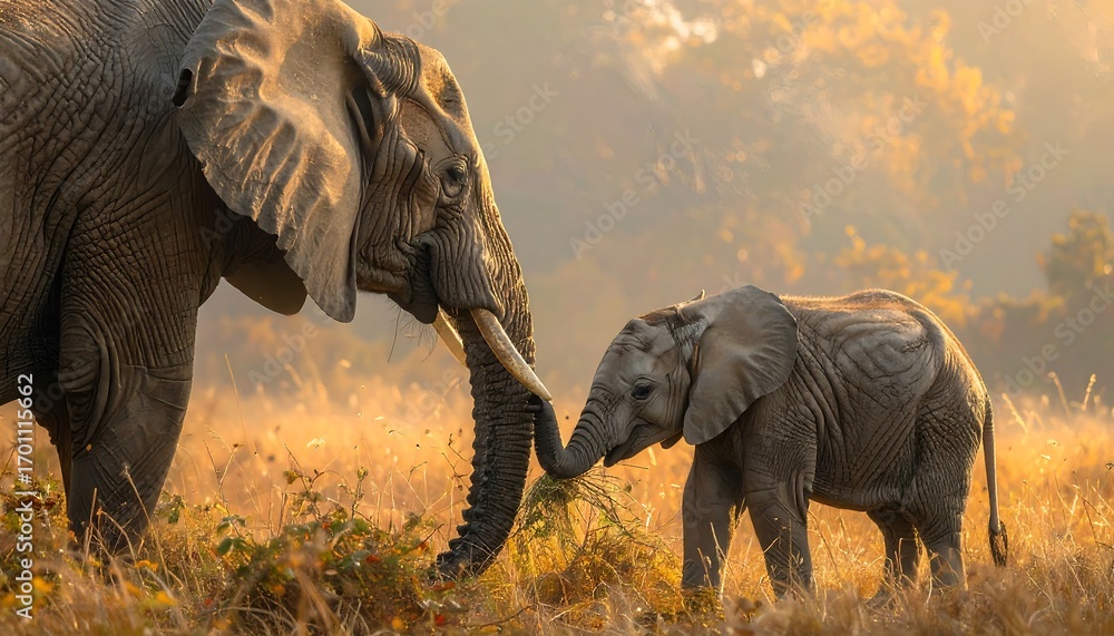 Fototapeta premium A serene image of an adult and baby elephant interacting in a golden savanna landscape.