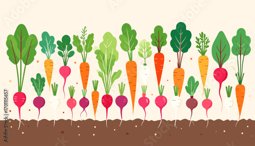 Vibrant illustration of fresh organic root vegetables like carrots, radishes, and beets, growing in healthy garden soil, representing a bountiful harvest and natural produce