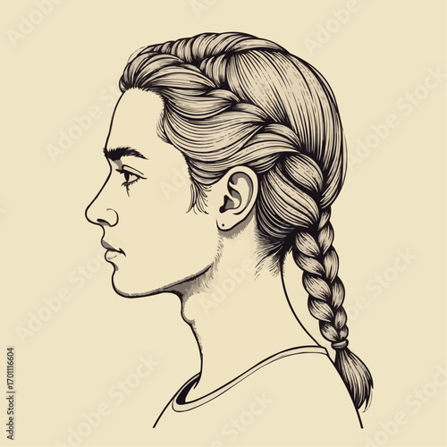 Profile portrait of a young person with a braided hairstyle on a light background