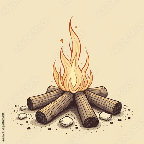 Cozy campfire illustration with logs and marshmallows on a light background