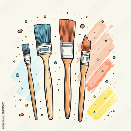 Colorful illustration of paintbrushes with splashes on a light background