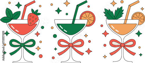 Similar to the previous, this image also features three festive cocktails in martini glasses, adorned with colorful bows and garnishes of strawberries, orange slices, and mint. 