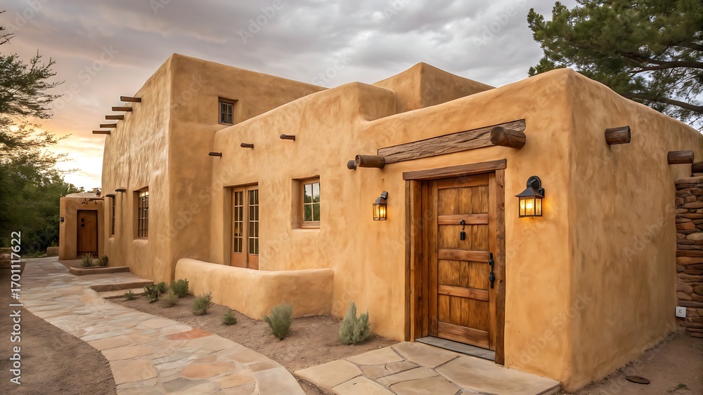 Fototapeta premium Exterior view of a southwestern style adobe house at daytime