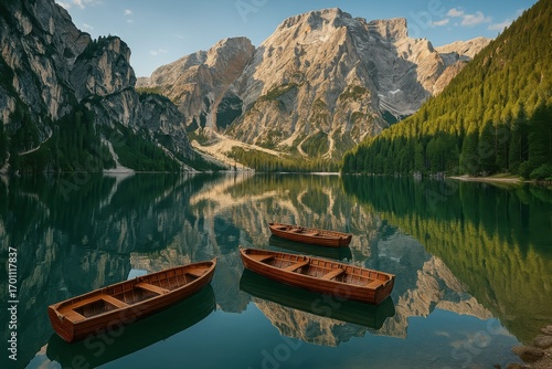 Spectacular mountain lake reflection with traditional wooden boats creating breathtaking Alpine scenery perfect for luxury travel and European destination marketing campaigns