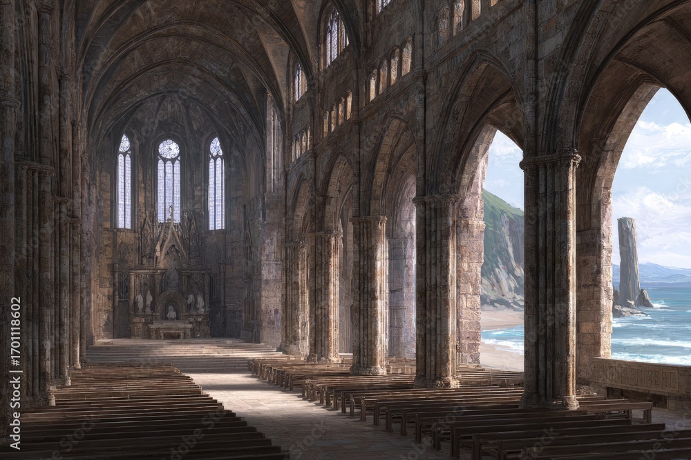 Fototapeta premium Ruined Coastal Cathedral Interior