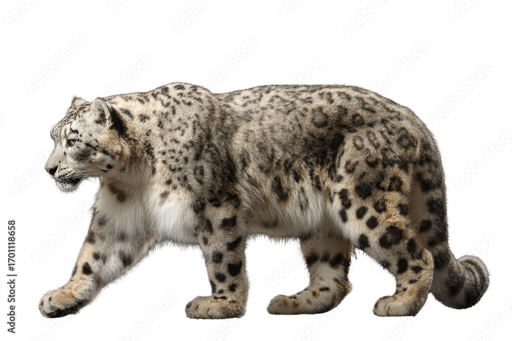 Fototapeta premium A snow leopard, isolated on a transparent background, walking gracefully. background removed