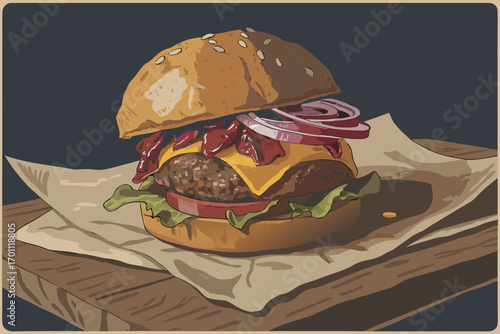 Gourmet cheeseburger with bacon lettuce tomato and red onion on sesame seed bun food fast food