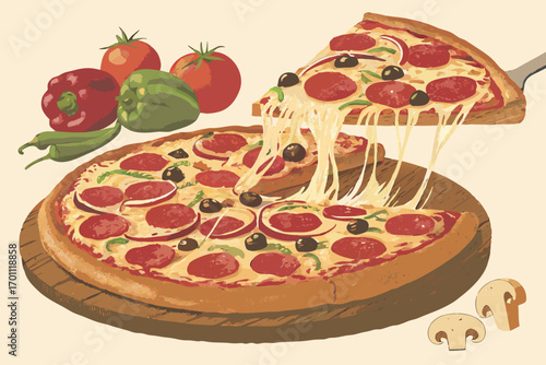 A slice of pepperoni pizza with melted cheese being lifted by a spatula surrounded by fresh vegetables and mushrooms